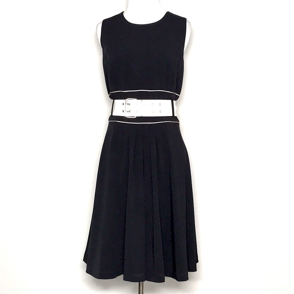 Badgley Mischka Women’s Black & White Belted Fit & Flare Midi Dress Size 12